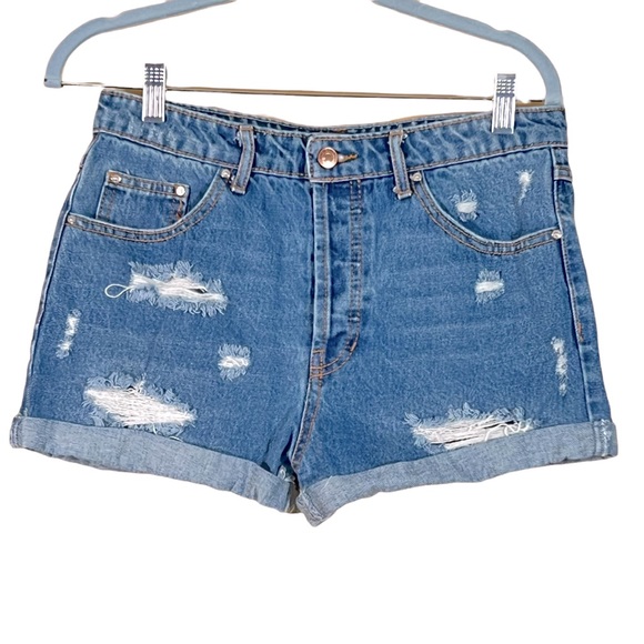 Forever 21 High Rise Distressed Button Fly Medium Wash Jean Shorts Size … - Picture 1 of 11